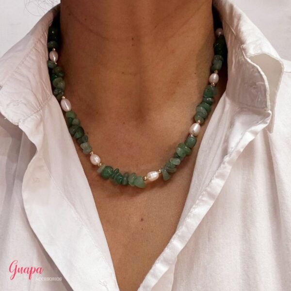 Collar Goldfilled, Piedra Cortada & Perlas de Río