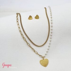 Juego Acero Corazón & Perlas