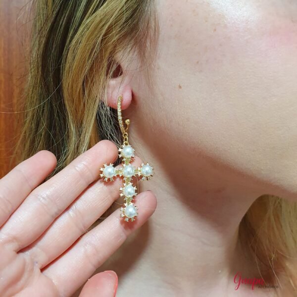 Argollas Goldfilled Cruz & Perlas