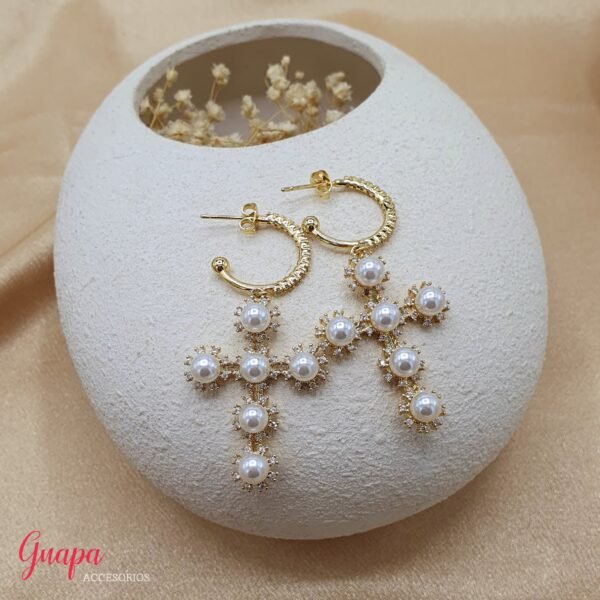Argollas Goldfilled Cruz & Perlas