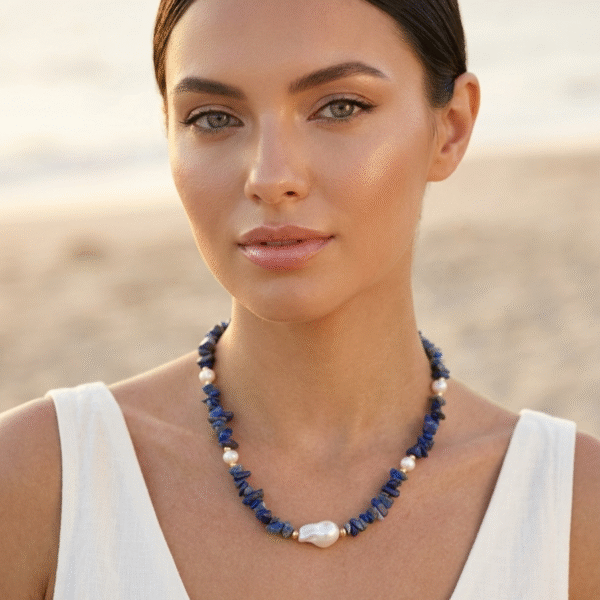 Collar Goldfilled, Piedra Cortada & Perlas de Río